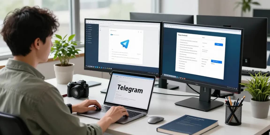 Developer setting up Telegram Chinese interface in a modern workspace.