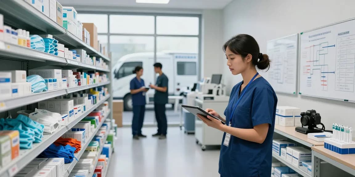 Lifestyle scene in a medical supply warehouse highlighting logistics professionals from the largest medical supply distributors.
