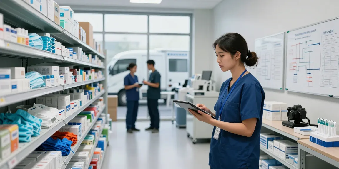 Lifestyle scene in a medical supply warehouse highlighting logistics professionals from the largest medical supply distributors.