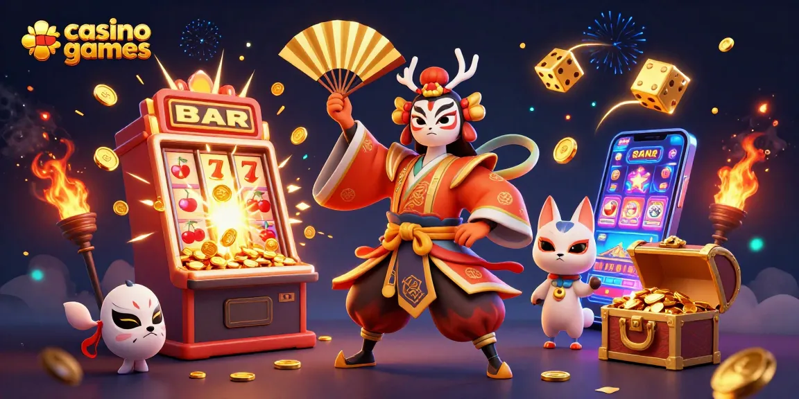 Spin colorful casino games with a kabuki warrior, lucky symbols, and dynamic gaming elements.