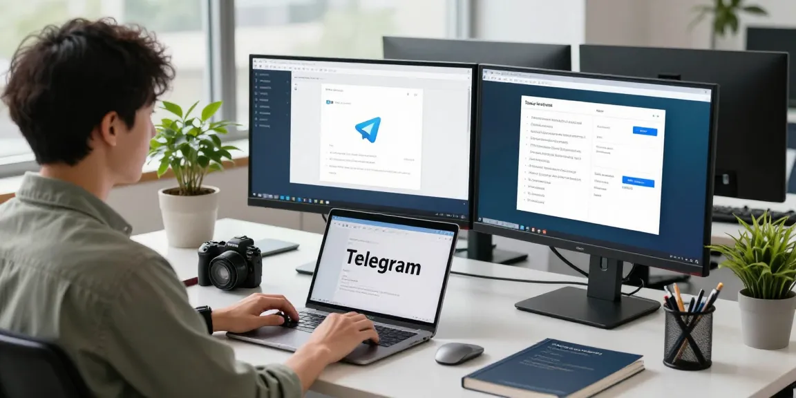 Developer setting up Telegram Chinese interface in a modern workspace.