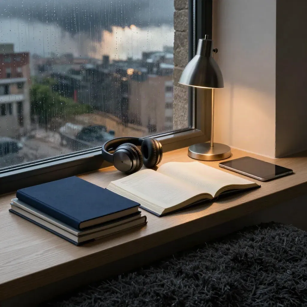 Rain-soaked window-seat learning nook with notebooks, tablet, headphones and lamp.