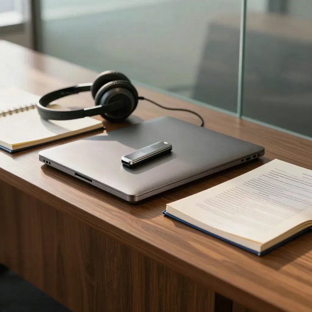 Corporate training kit on a boardroom edge with laptop, clicker, headset and manuals.