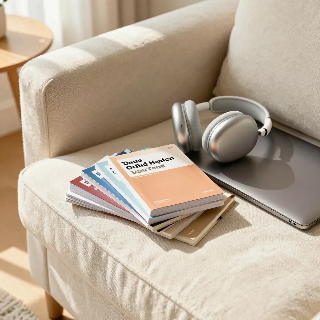 Course kit on a sofa arm with headphones, closed laptop, notebook and colour-coded cards.