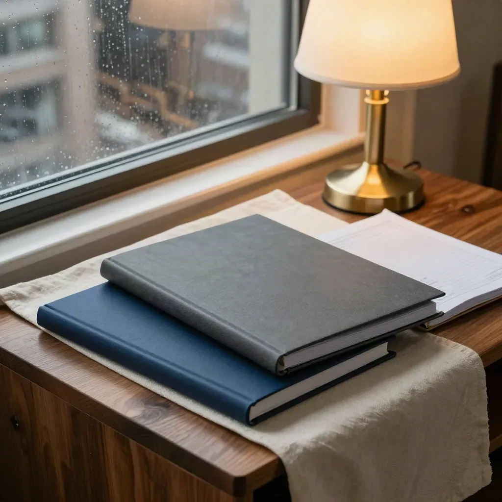 Toronto study corner with practice-test folders, graph-paper notebook and a glowing lamp by a rainy window.