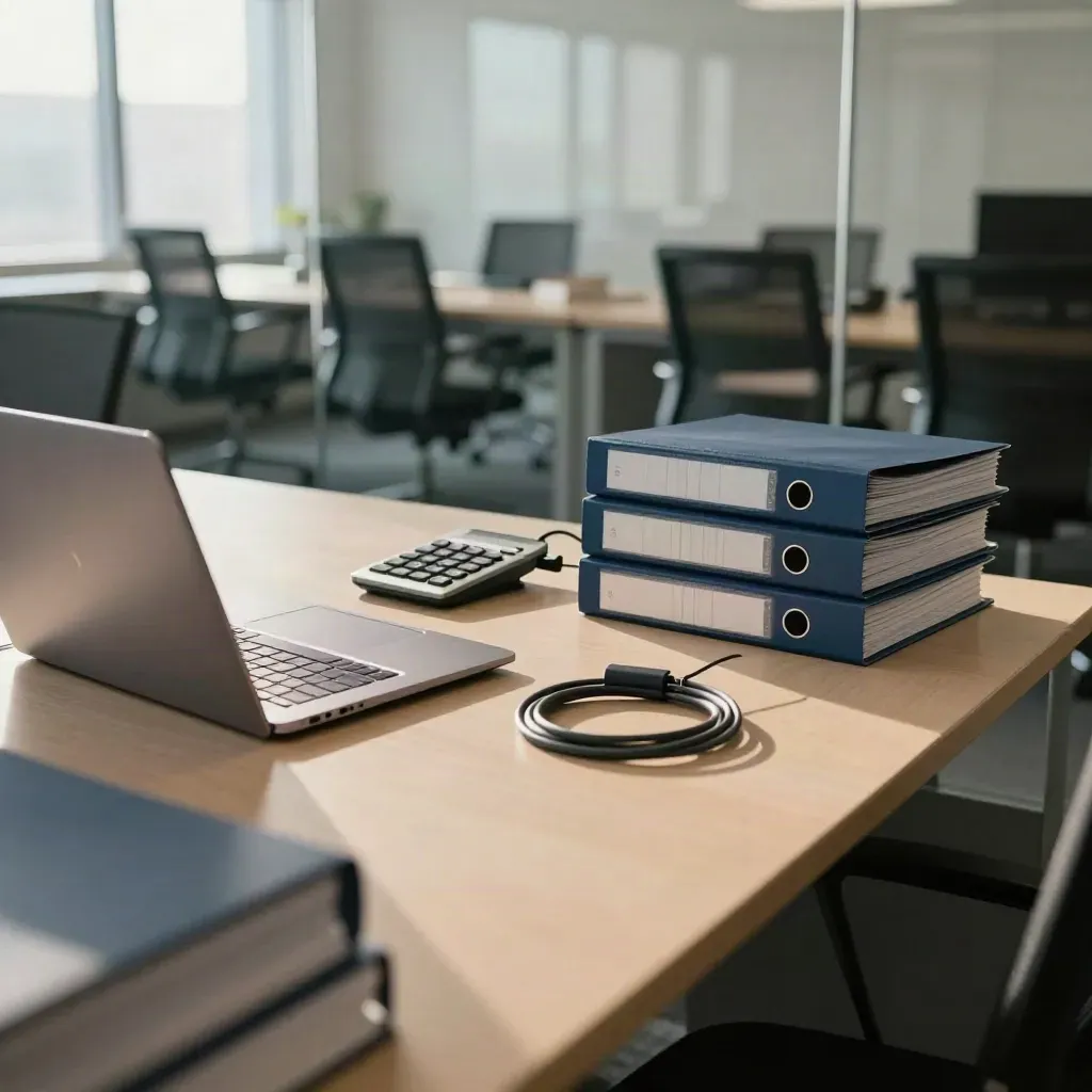 Closed laptop, silver keypad, four binders, and tied cable in a modern office training room