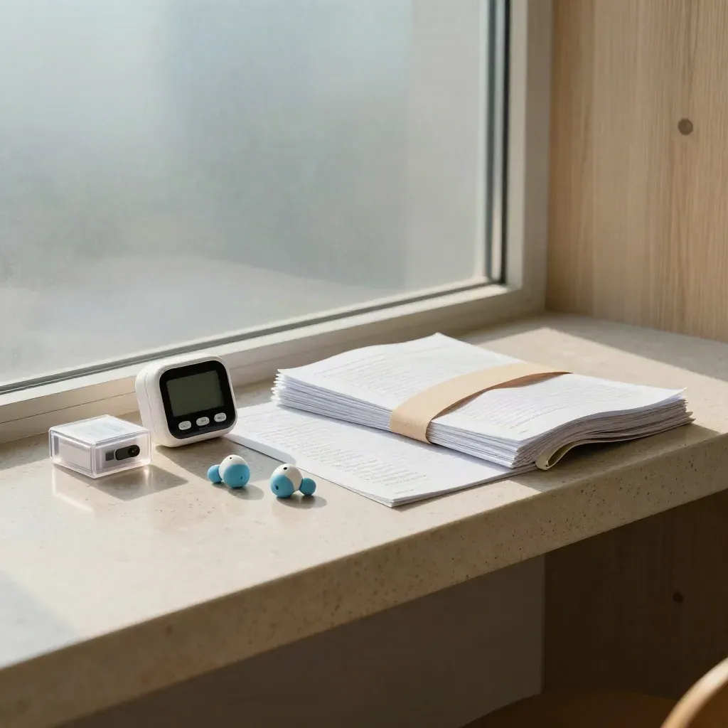 Language-exam prep kit with earbuds, timer, flashcards, and practice sheets on a stone bench.