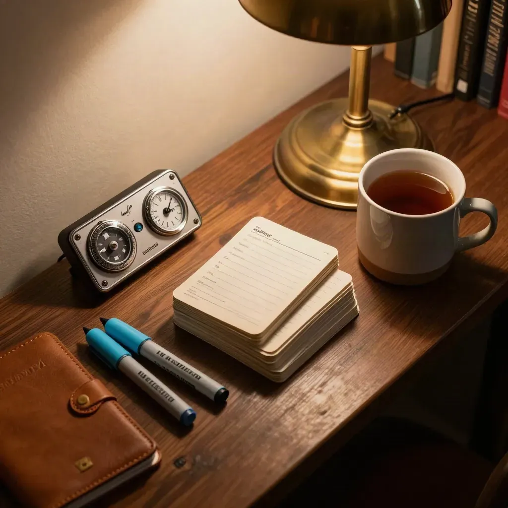 Late-night certification prep bundle with timer, flashcards, highlighters, passport holder, mug, and lamp.