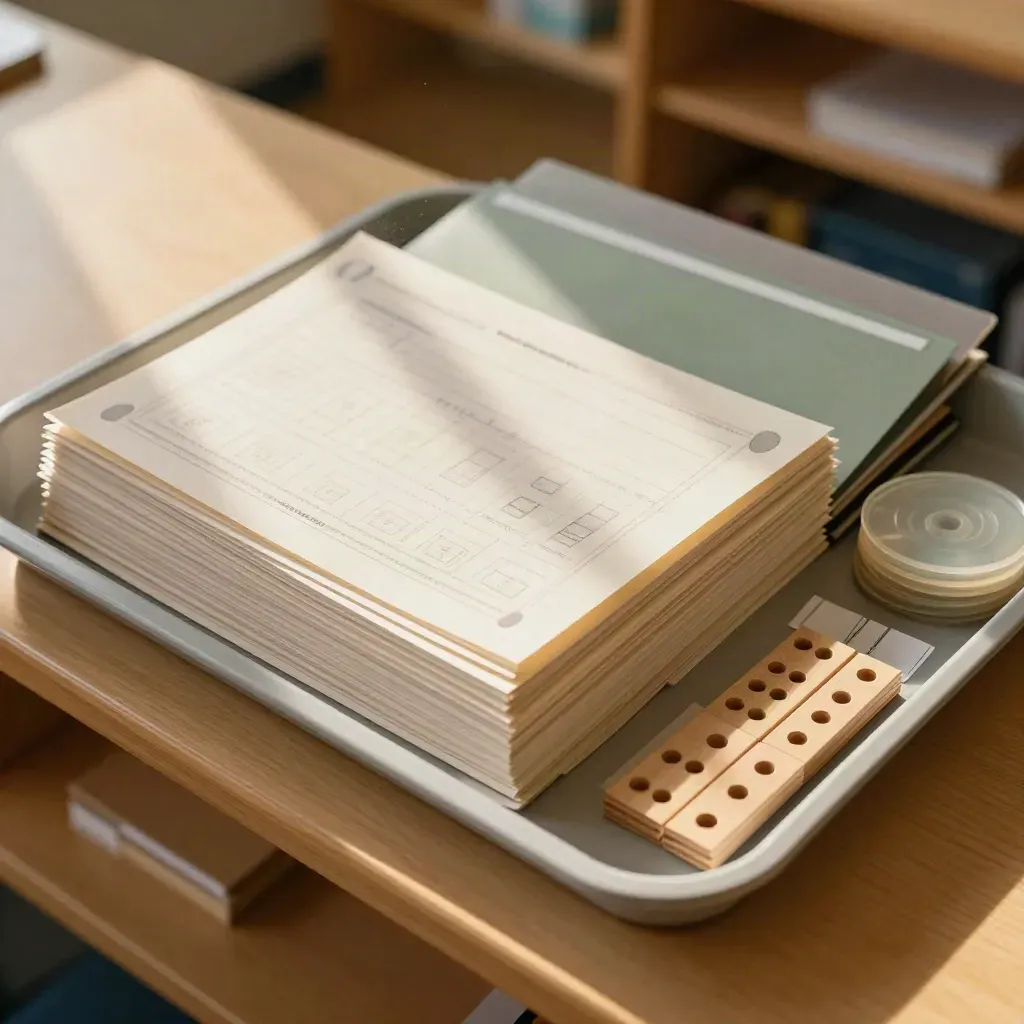 Overhead teacher tray with worksheets, folders and math manipulatives on a classroom shelf