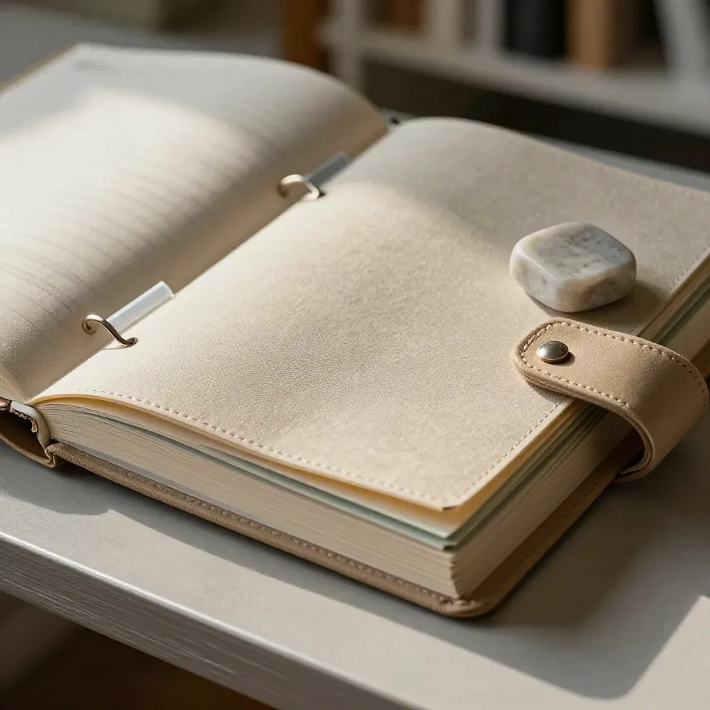 Linen curriculum binder fanned open with tabs, sticky markers and a stone paperweight on plaster.