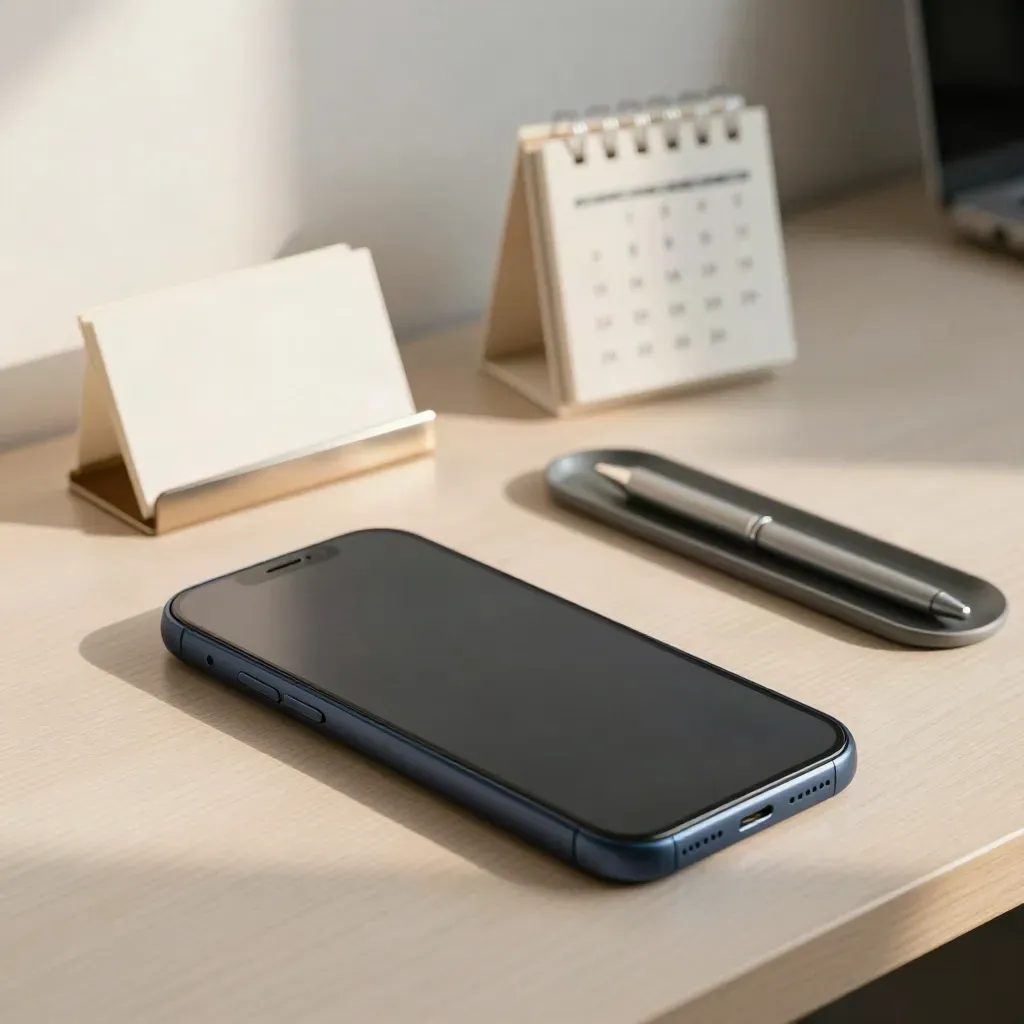 Phone, calendar cube, blank card holder and pen tray on pale wood in soft side light.