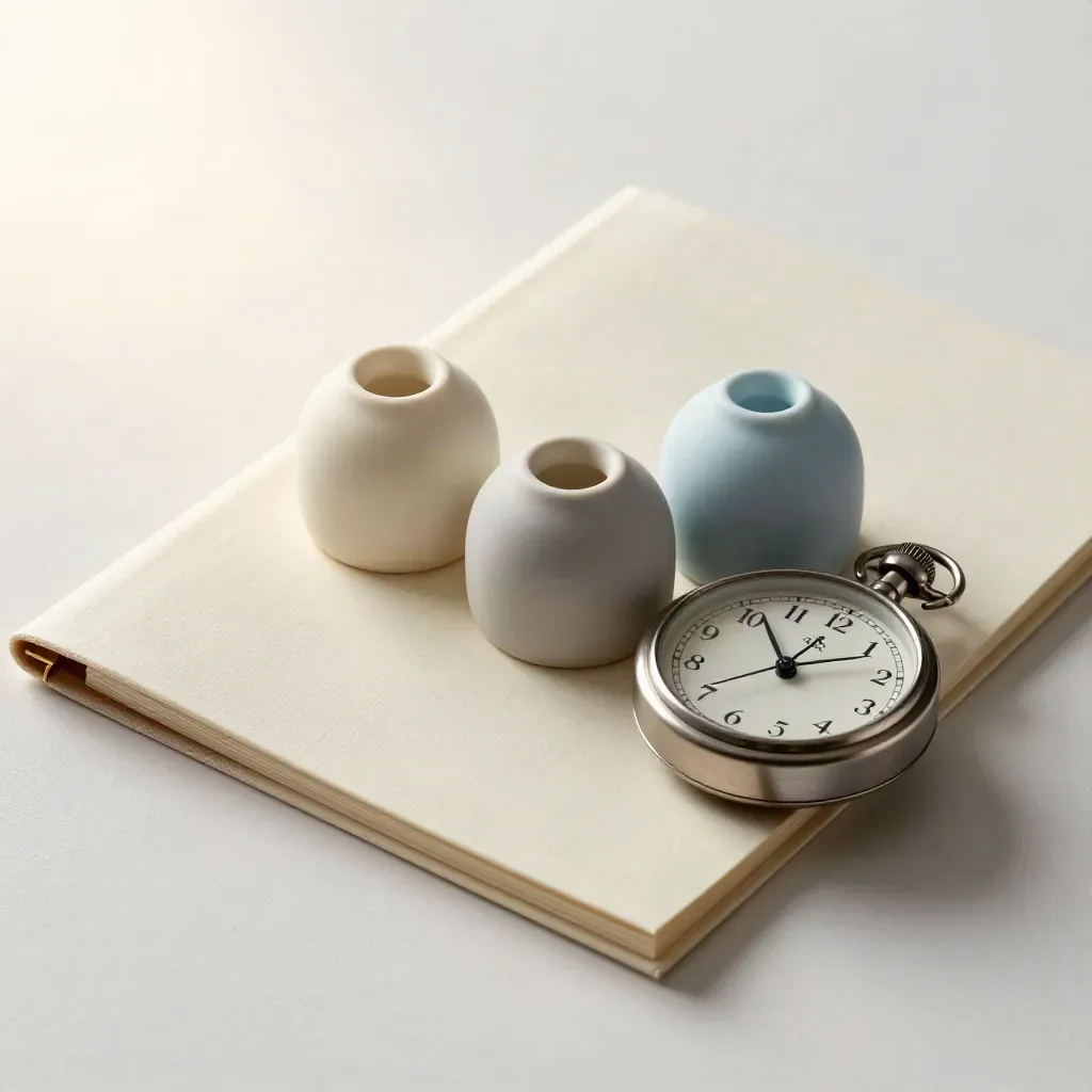 Ceramic planning tokens, a tabbed folder and pocket clock on pale plaster.
