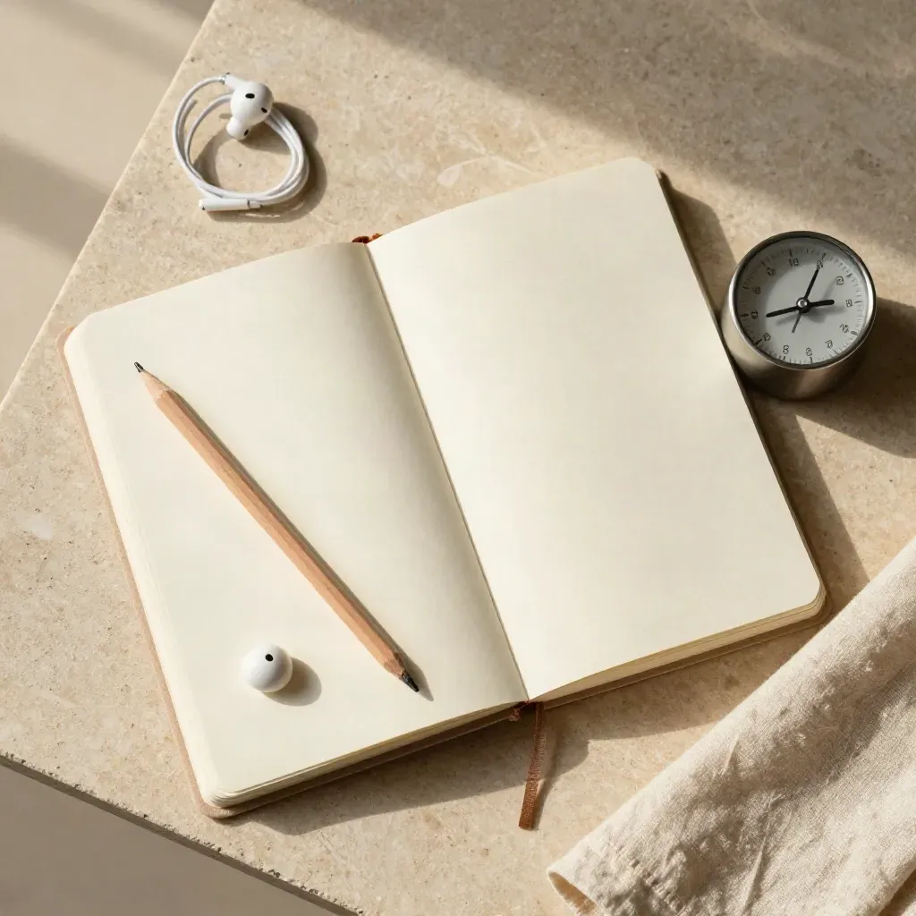 Overhead flatlay of open notebook, pencil, earbuds and timer on limestone.