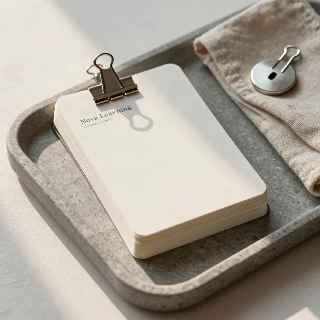 Clipped assessment cards, linen notebook, silver token on a stone tray
