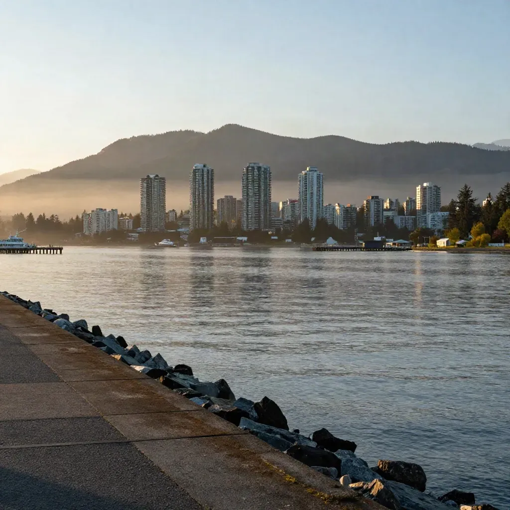 Golden Vancouver skyline and North Shore mountains above calm misty water at sunset.