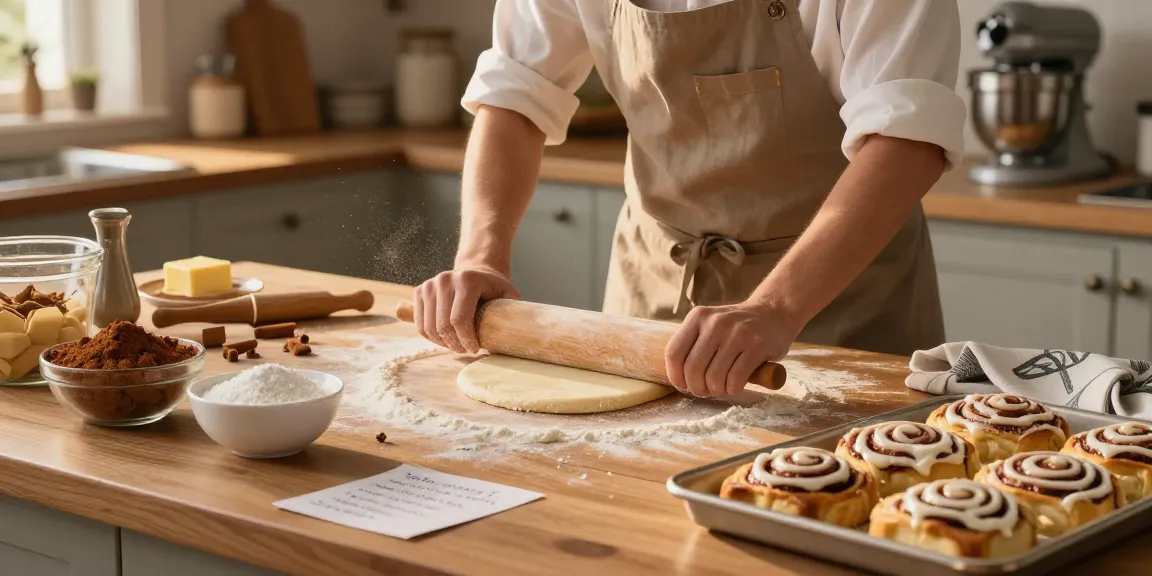 Cinnamon roll cake Calgary being prepared in a warm, inviting kitchen with fresh ingredients and baking tools.