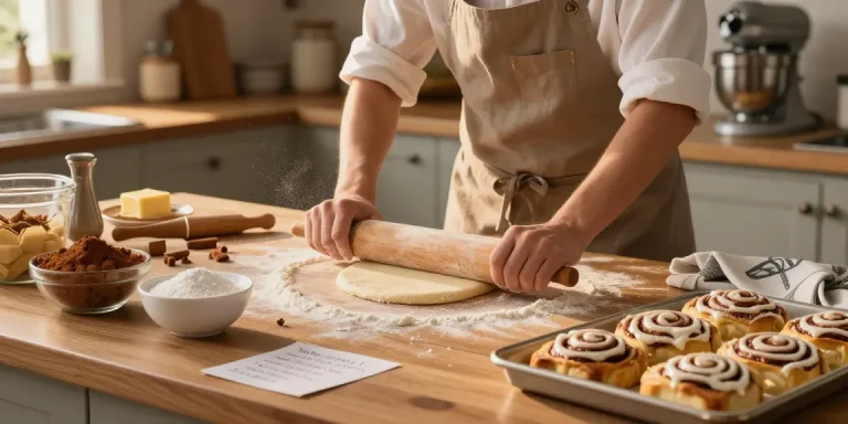 Cinnamon roll cake Calgary being prepared in a warm, inviting kitchen with fresh ingredients and baking tools.