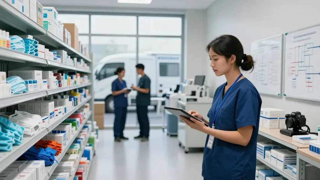 Lifestyle scene in a medical supply warehouse highlighting logistics professionals from the largest medical supply distributors.